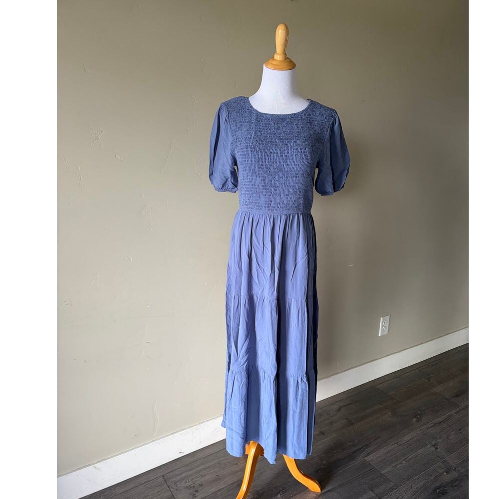 Zesica Blue Smocked Short Sleeved Tiered Midi/Maxi Dress Sz M Boho Cottagecore